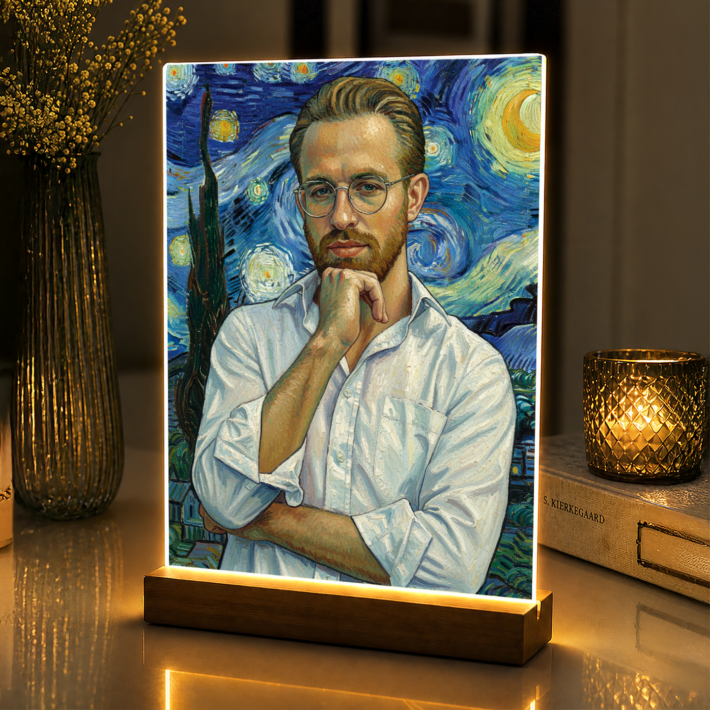 Lampka LED dla Niego – portret na szkle akrylowym w stylu Van Gogha z podświetleniem - StwórzPrezent.pl