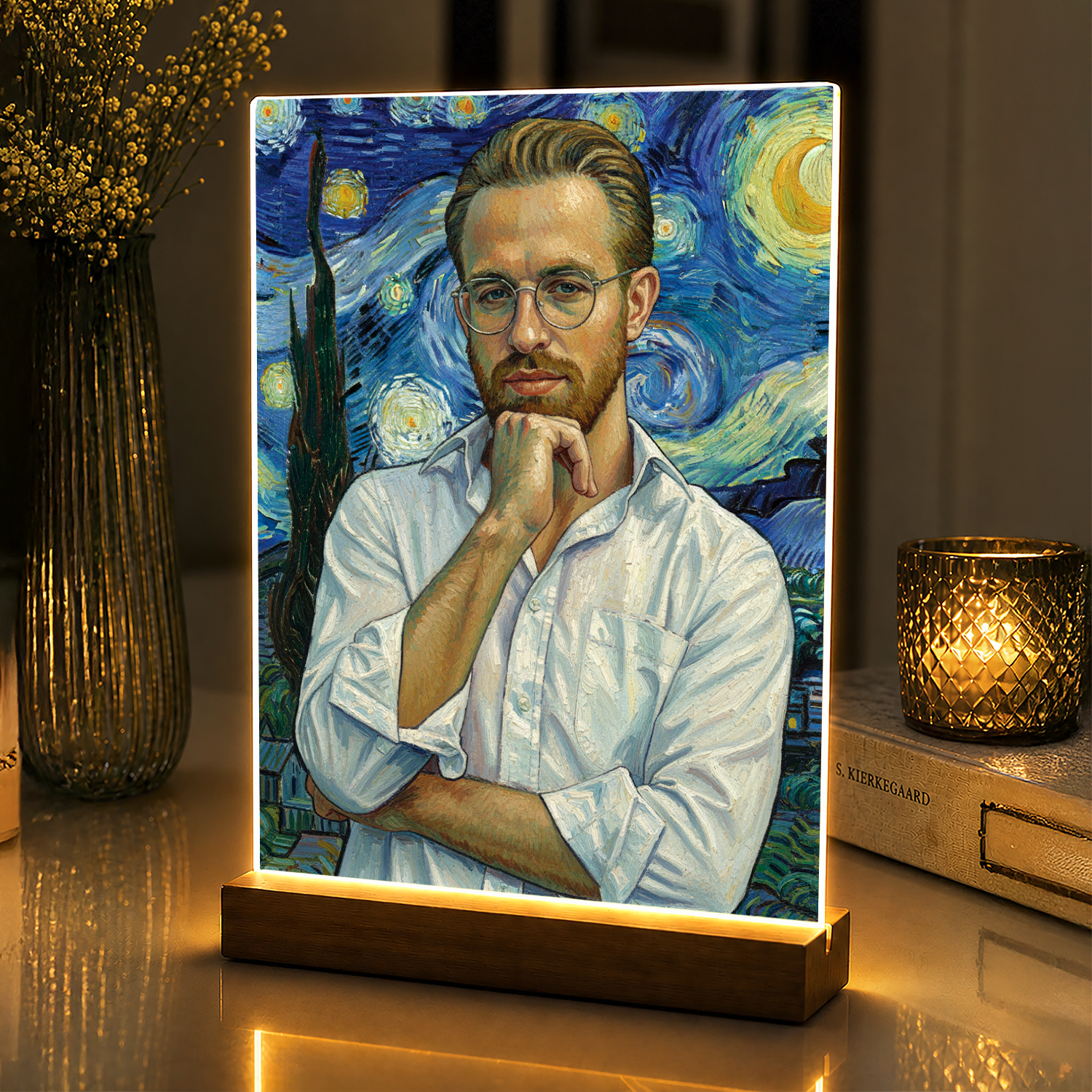 Lampka LED dla Niego – portret na szkle akrylowym w stylu Van Gogha z podświetleniem - StwórzPrezent.pl