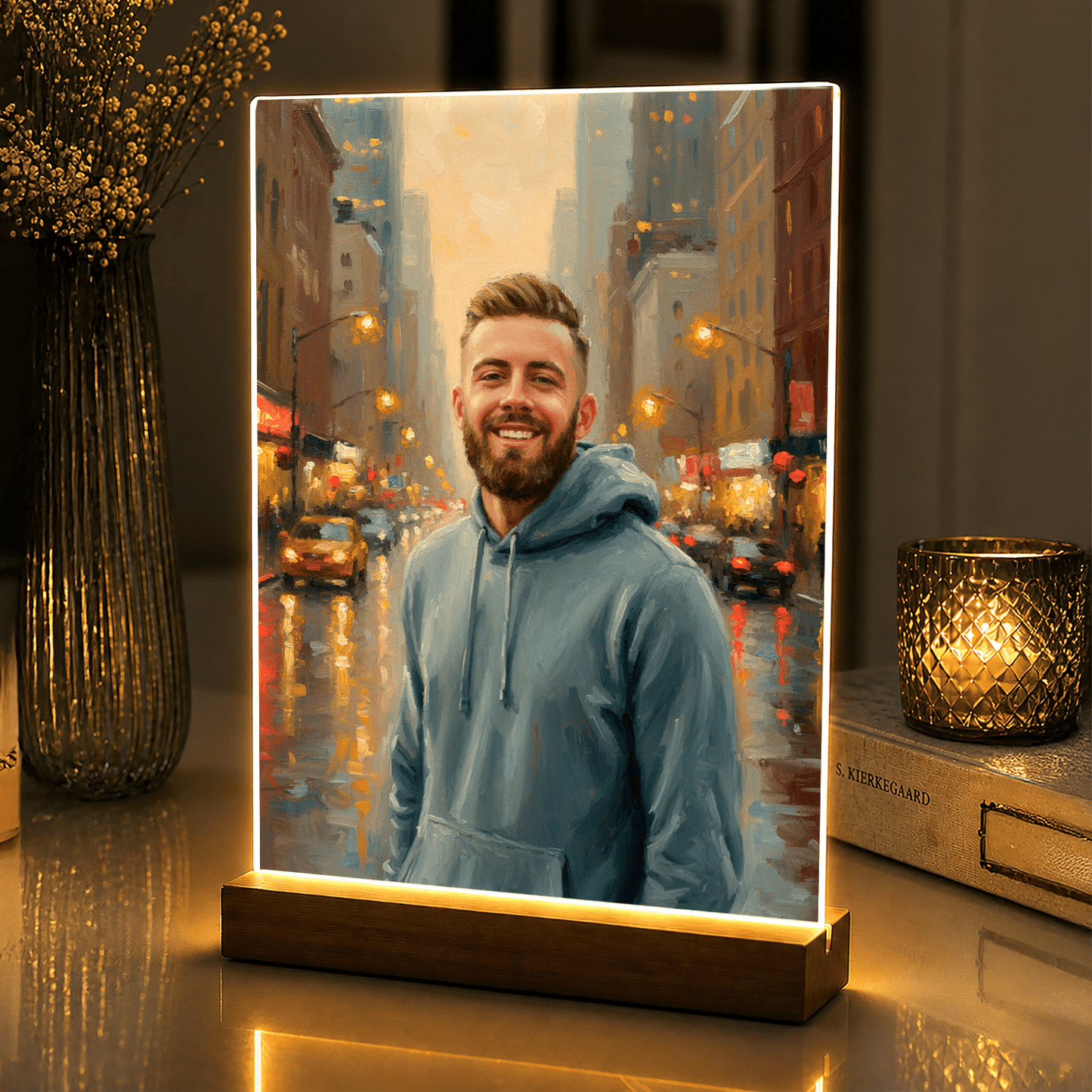 Lampka LED dla Niego – portret w centrum miasta na szkle akrylowym - StwórzPrezent.pl