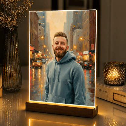 Lampka LED dla Niego – portret w centrum miasta na szkle akrylowym - StwórzPrezent.pl