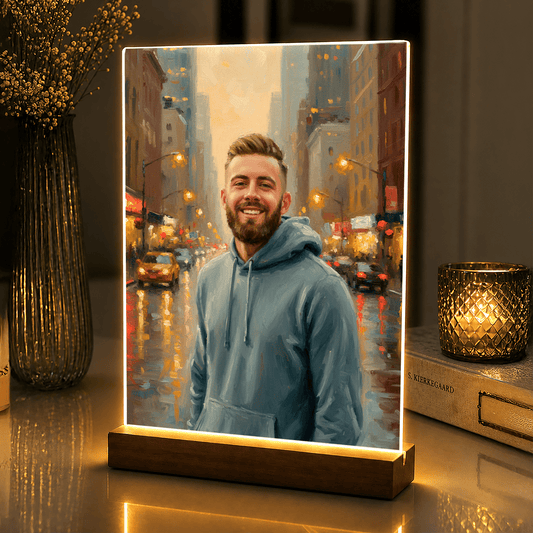 Lampka LED dla Niego – portret w centrum miasta na szkle akrylowym - StwórzPrezent.pl
