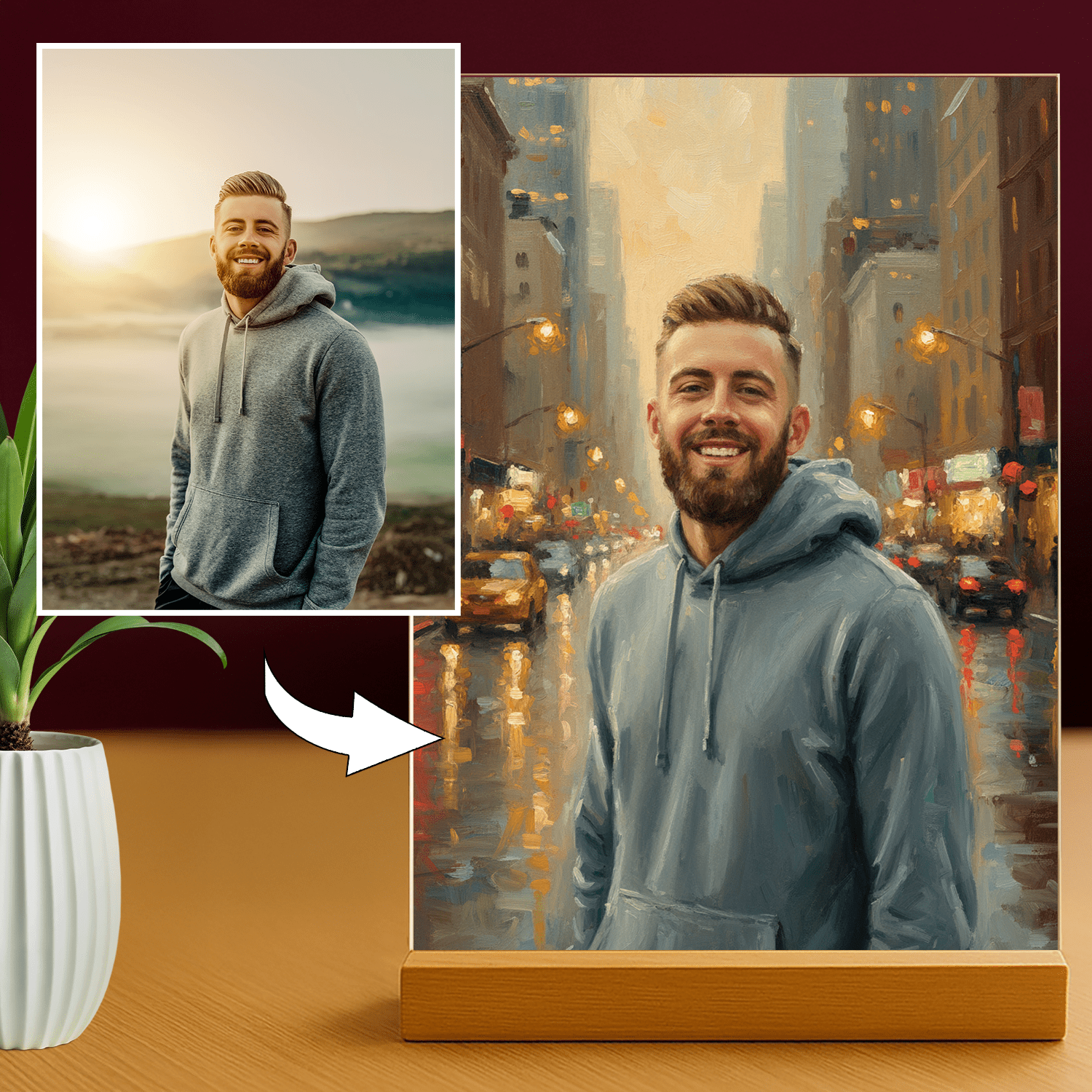 Lampka LED dla Niego – portret w centrum miasta na szkle akrylowym - StwórzPrezent.pl