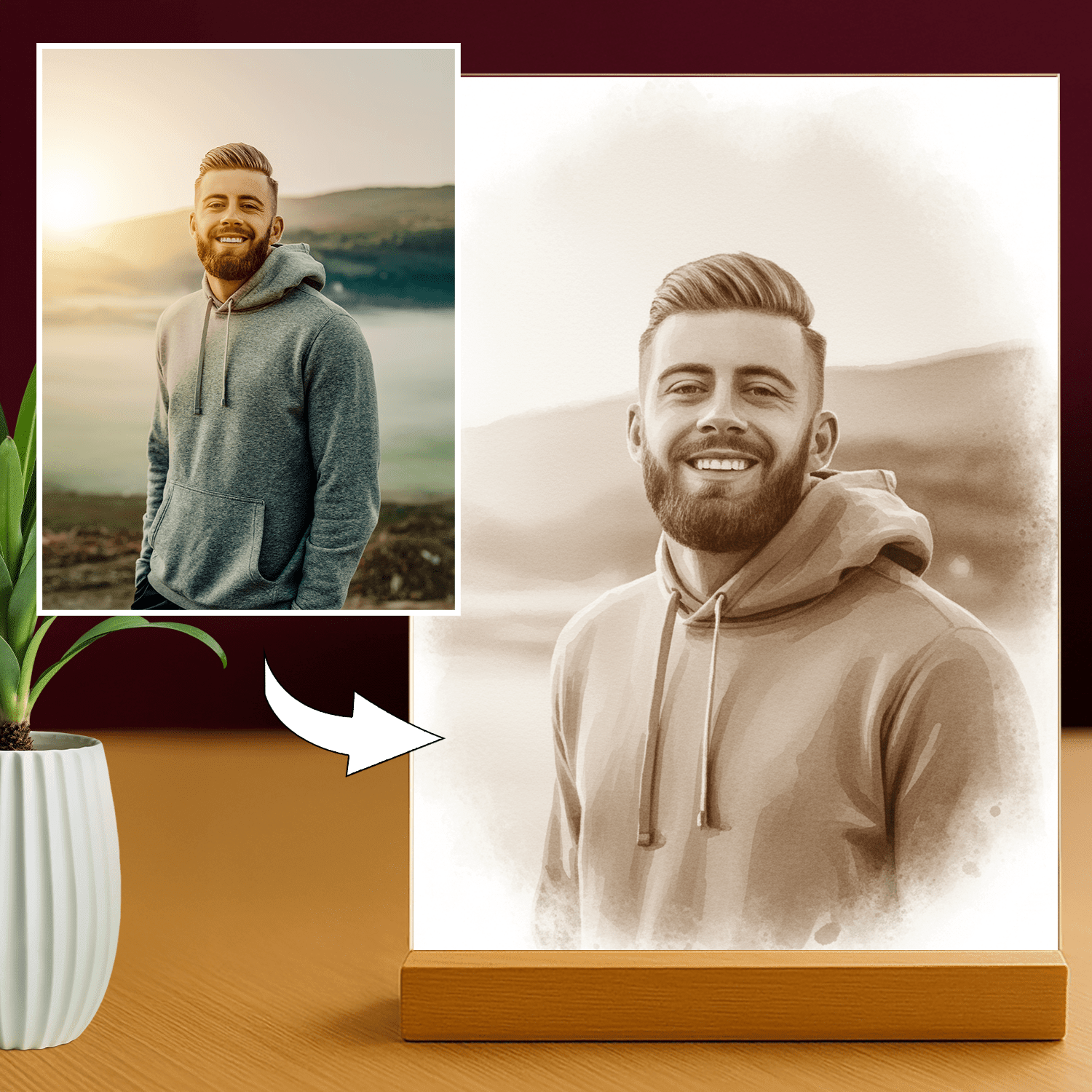 Lampka LED dla Niego – portret w stylu coffee na szkle akrylowym - StwórzPrezent.pl