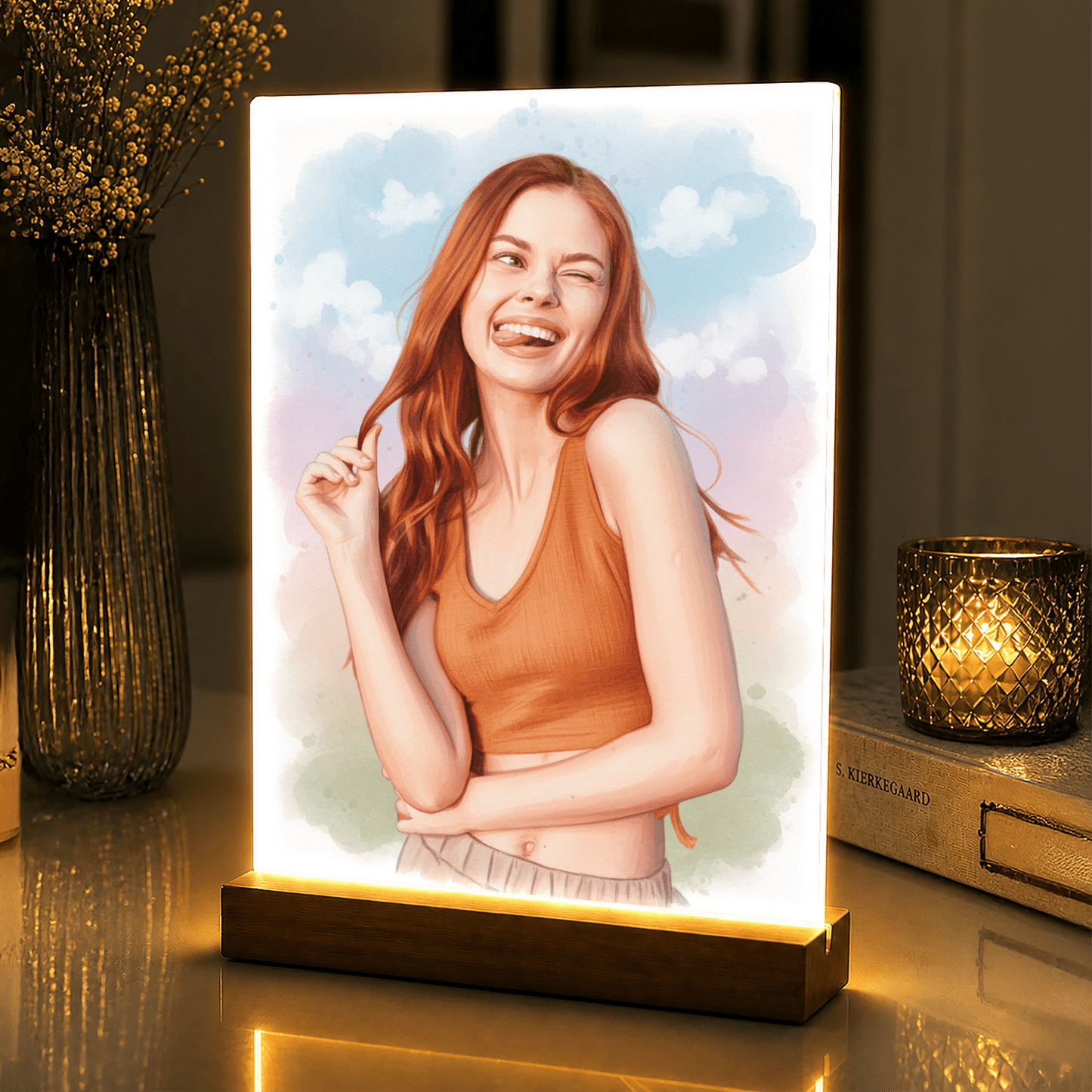 Lampka LED dla Niej – portret akwarelowy na szkle akrylowym - StwórzPrezent.pl