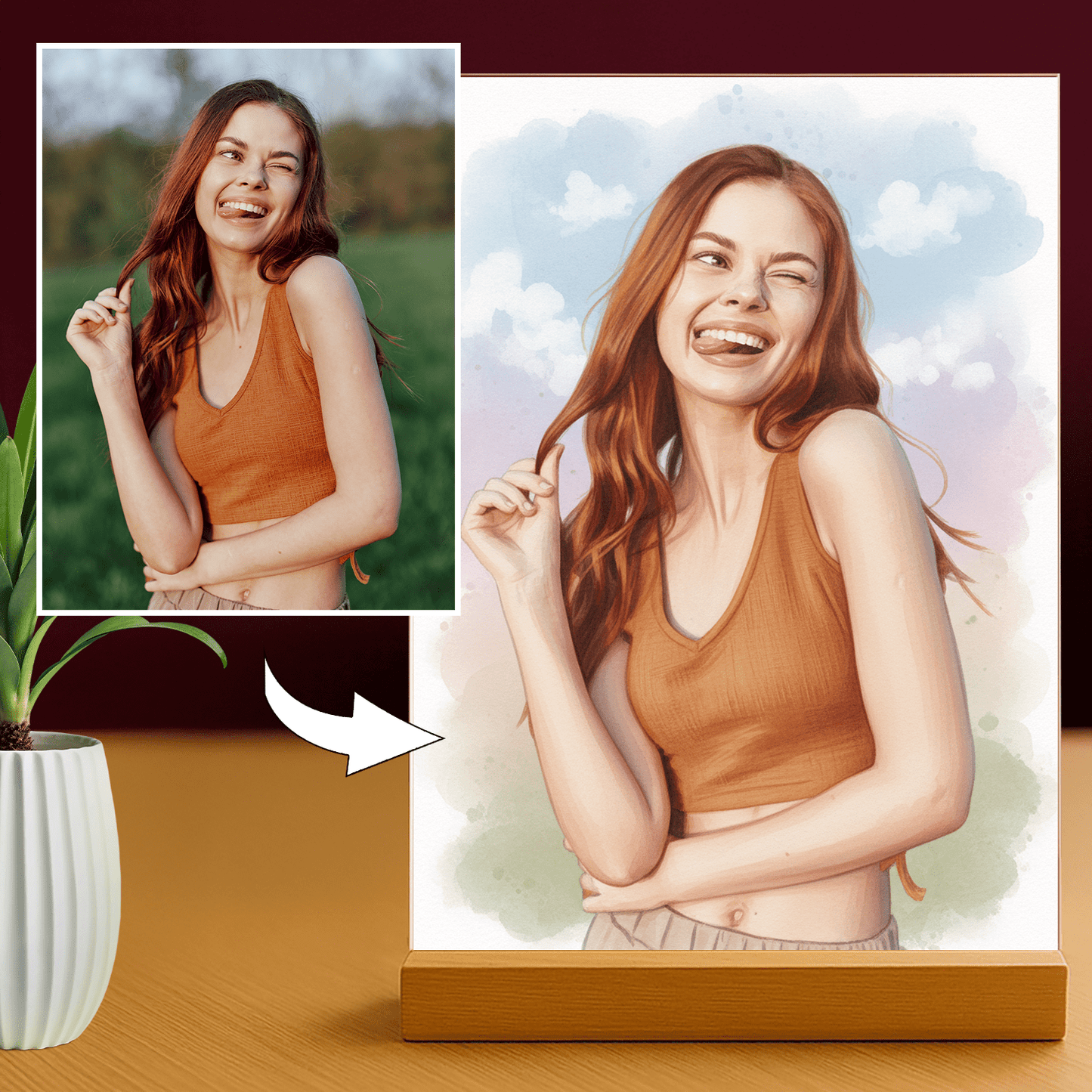 Lampka LED dla Niej – portret akwarelowy na szkle akrylowym - StwórzPrezent.pl