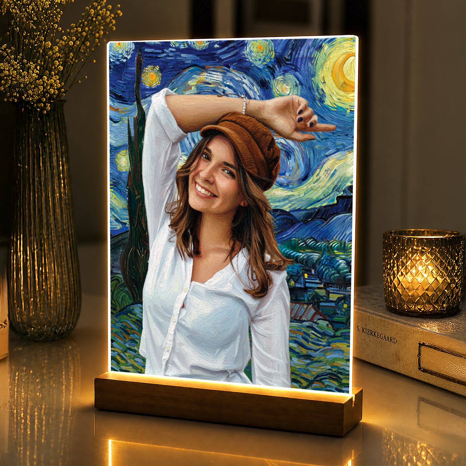 Lampka LED dla Niej – portret na szkle akrylowym na tle gwiaździstego nieba - StwórzPrezent.pl