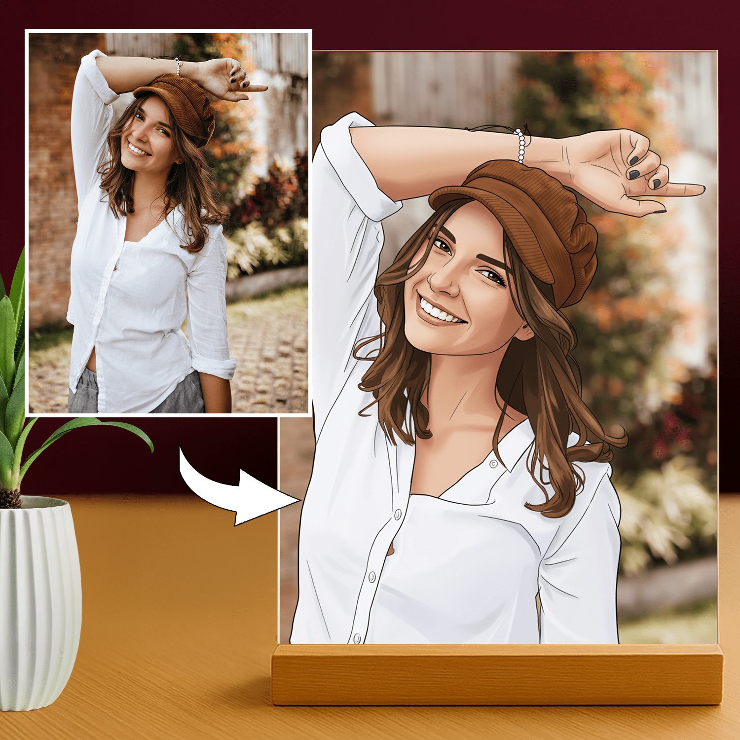 Lampka LED dla Niej – portret w stylu kreskówki na szkle akrylowym - StwórzPrezent.pl