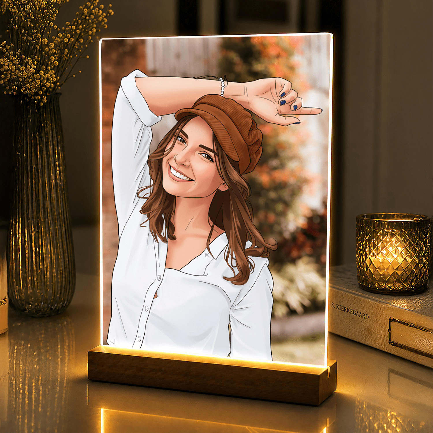 Lampka LED dla Niej – portret w stylu kreskówki na szkle akrylowym - StwórzPrezent.pl