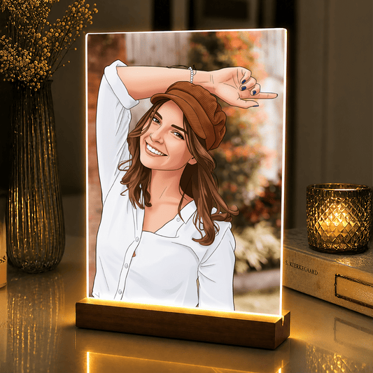 Lampka LED dla Niej – portret w stylu kreskówki na szkle akrylowym - StwórzPrezent.pl