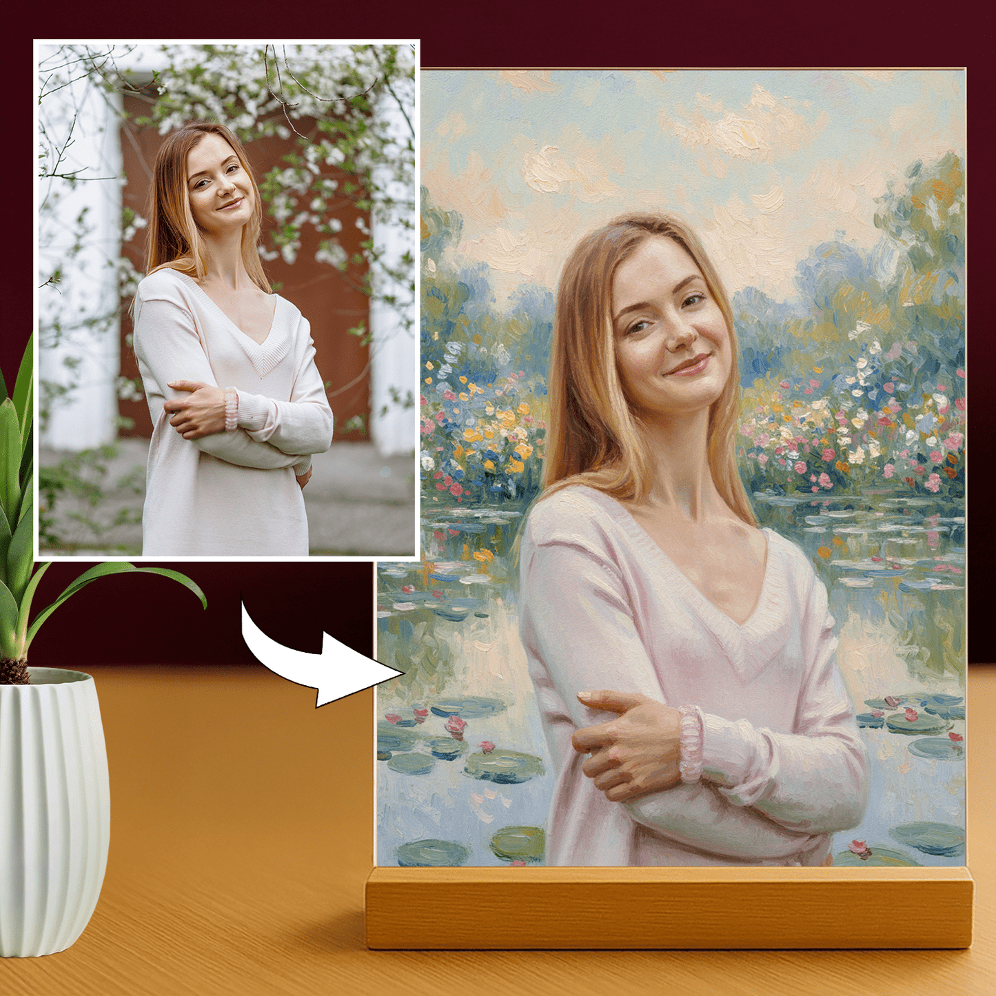 Lampka LED dla Niej – portret w stylu Monet na szkle akrylowym - StwórzPrezent.pl