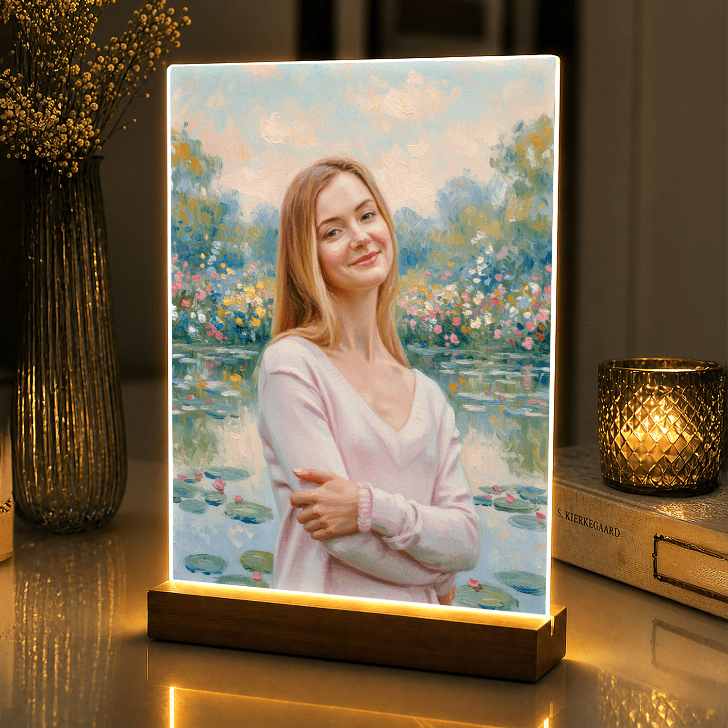 Lampka LED dla Niej – portret w stylu Monet na szkle akrylowym - StwórzPrezent.pl