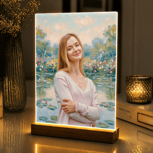 Lampka LED dla Niej – portret w stylu Monet na szkle akrylowym - StwórzPrezent.pl