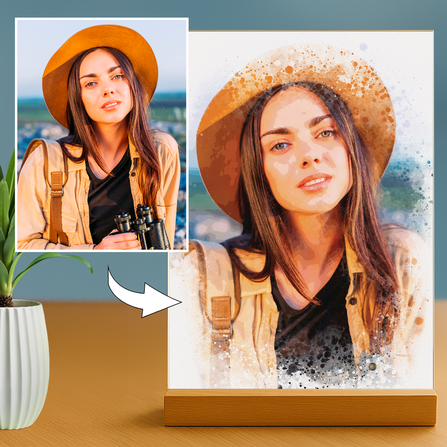 Lampka LED dla Niej – portret watercolor na szkle akrylowym - StwórzPrezent.pl