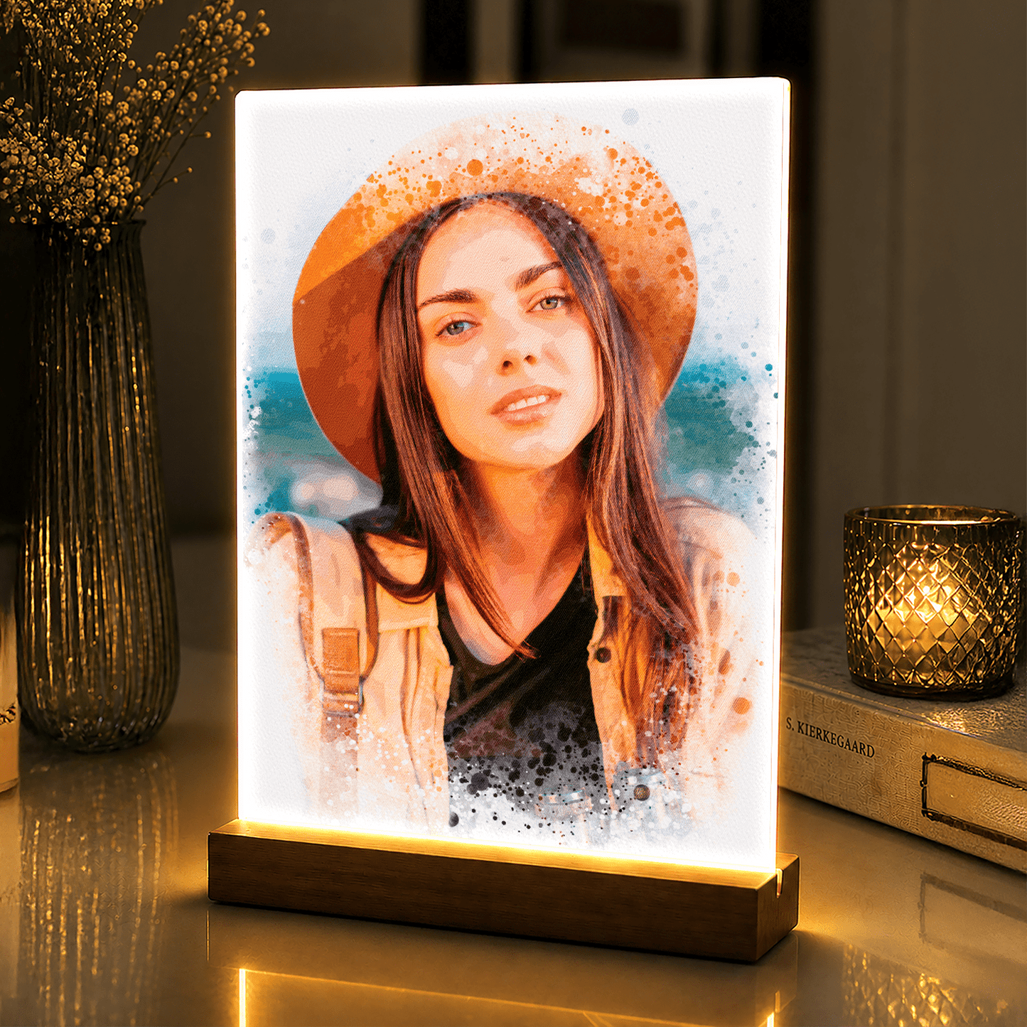 Lampka LED dla Niej – portret watercolor na szkle akrylowym - StwórzPrezent.pl