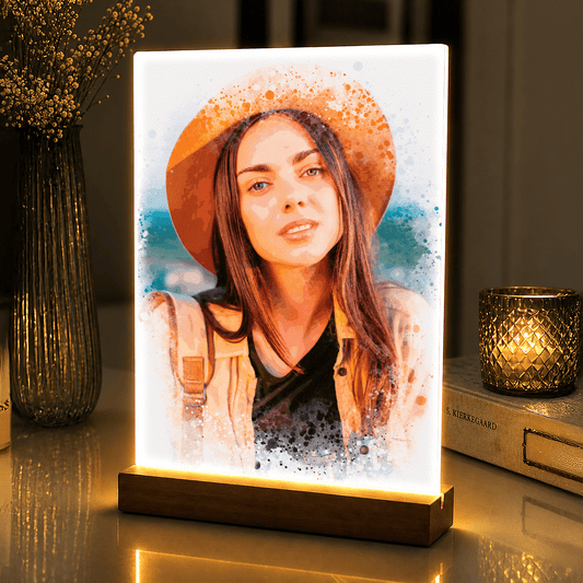 Lampka LED dla Niej – portret watercolor na szkle akrylowym - StwórzPrezent.pl
