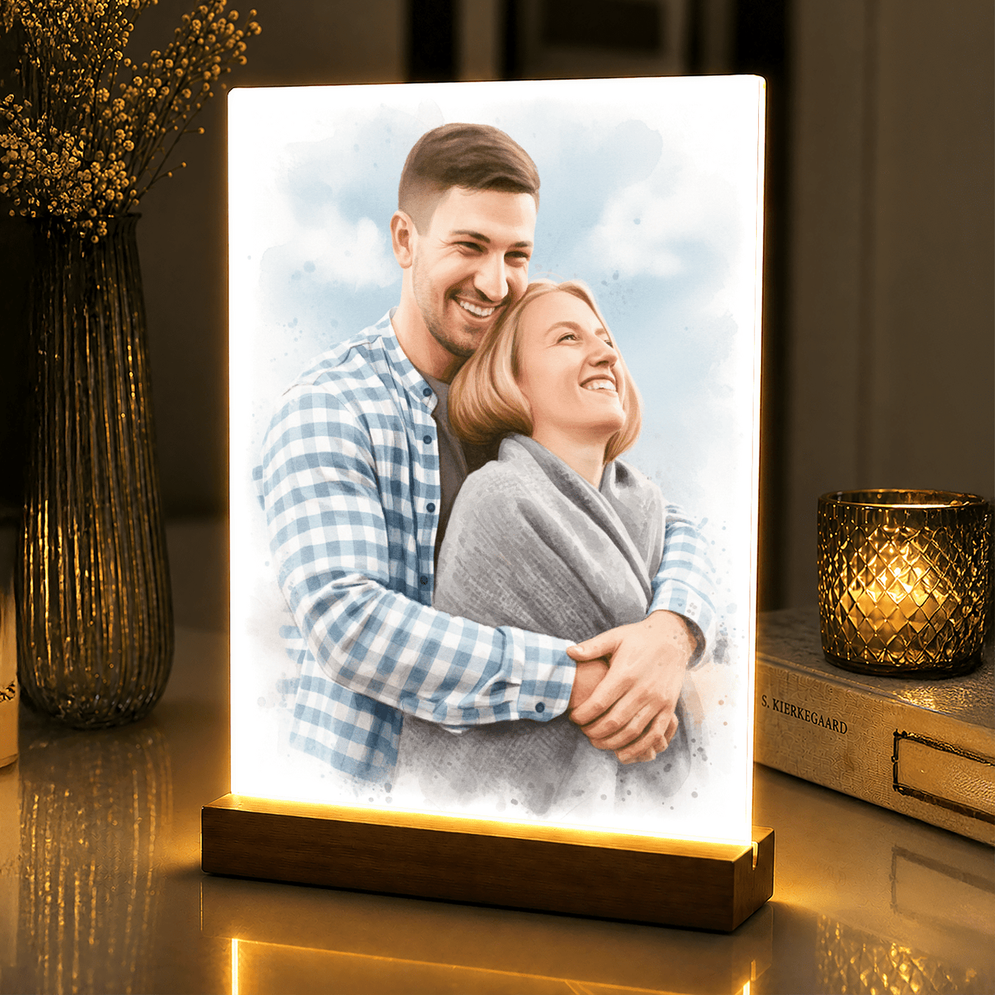 Lampka LED dla Pary – akwarelowy portret na szkle akrylowym - StwórzPrezent.pl