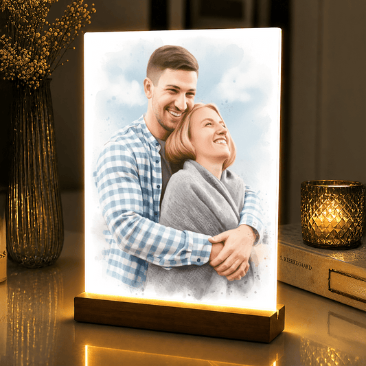 Lampka LED dla Pary – akwarelowy portret na szkle akrylowym - StwórzPrezent.pl
