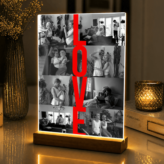 Lampka LED dla Pary – kolaż 8 zdjęć LOVE na szkle akrylowym - StwórzPrezent.pl
