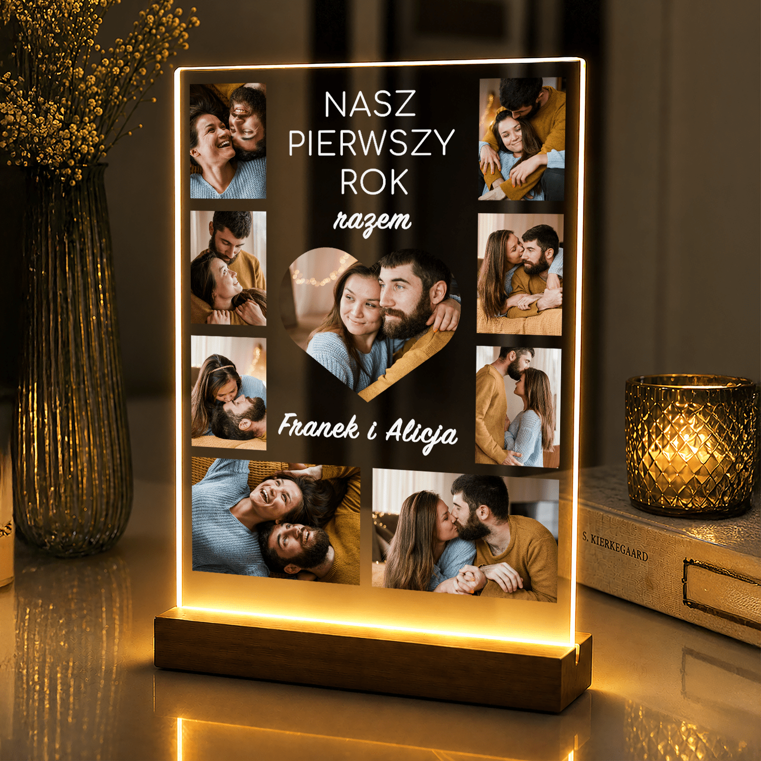 Lampka LED dla Pary – pierwszy rok razem na szkle akrylowym z podświetleniem - StwórzPrezent.pl
