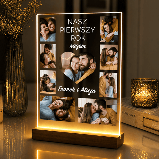 Lampka LED dla Pary – pierwszy rok razem na szkle akrylowym z podświetleniem - StwórzPrezent.pl