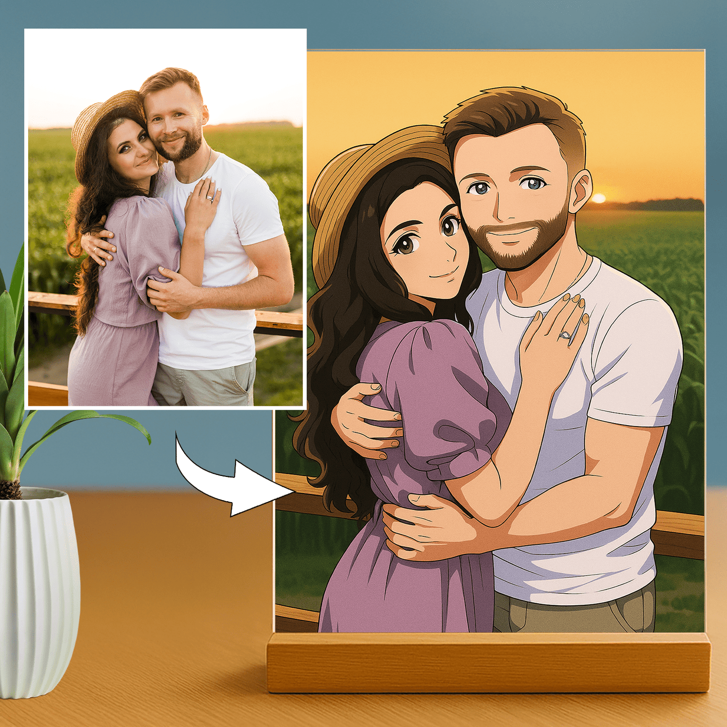 Lampka LED dla Pary – portret anime na szkle akrylowym - StwórzPrezent.pl