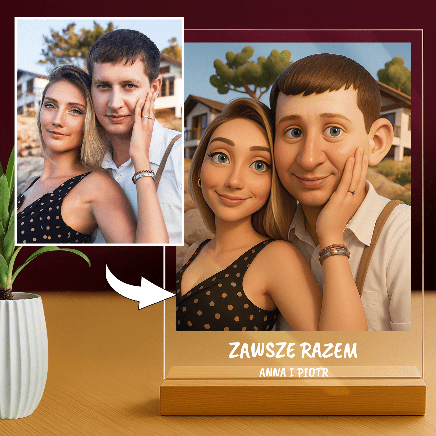 Lampka LED dla Pary – portret animowany na szkle akrylowym - StwórzPrezent.pl