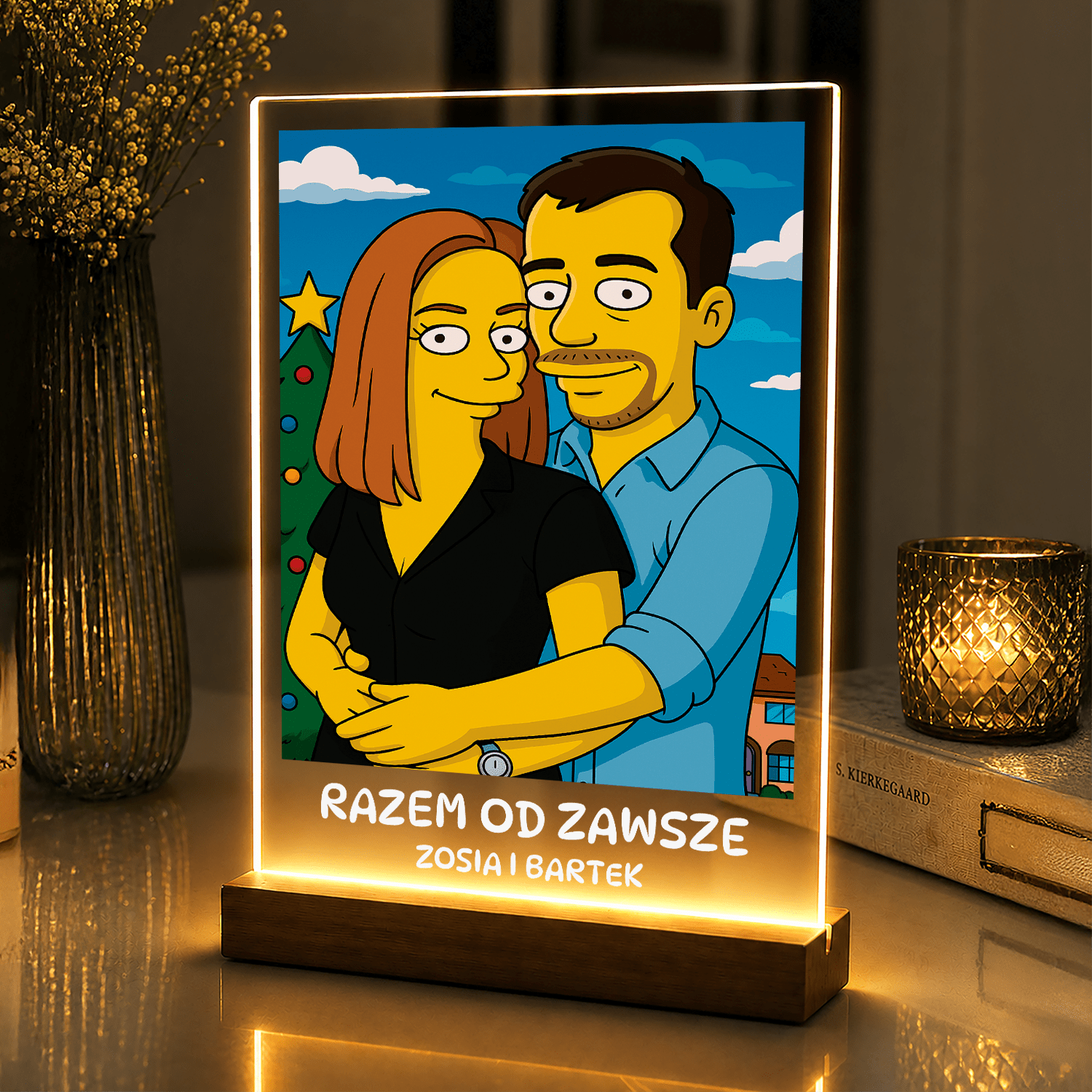 Lampka LED dla Pary – portret w stylu żółtej kreskówki na szkle akrylowym - StwórzPrezent.pl
