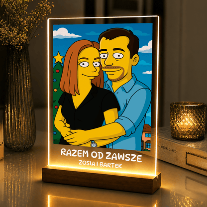 Lampka LED dla Pary – portret w stylu żółtej kreskówki na szkle akrylowym - StwórzPrezent.pl
