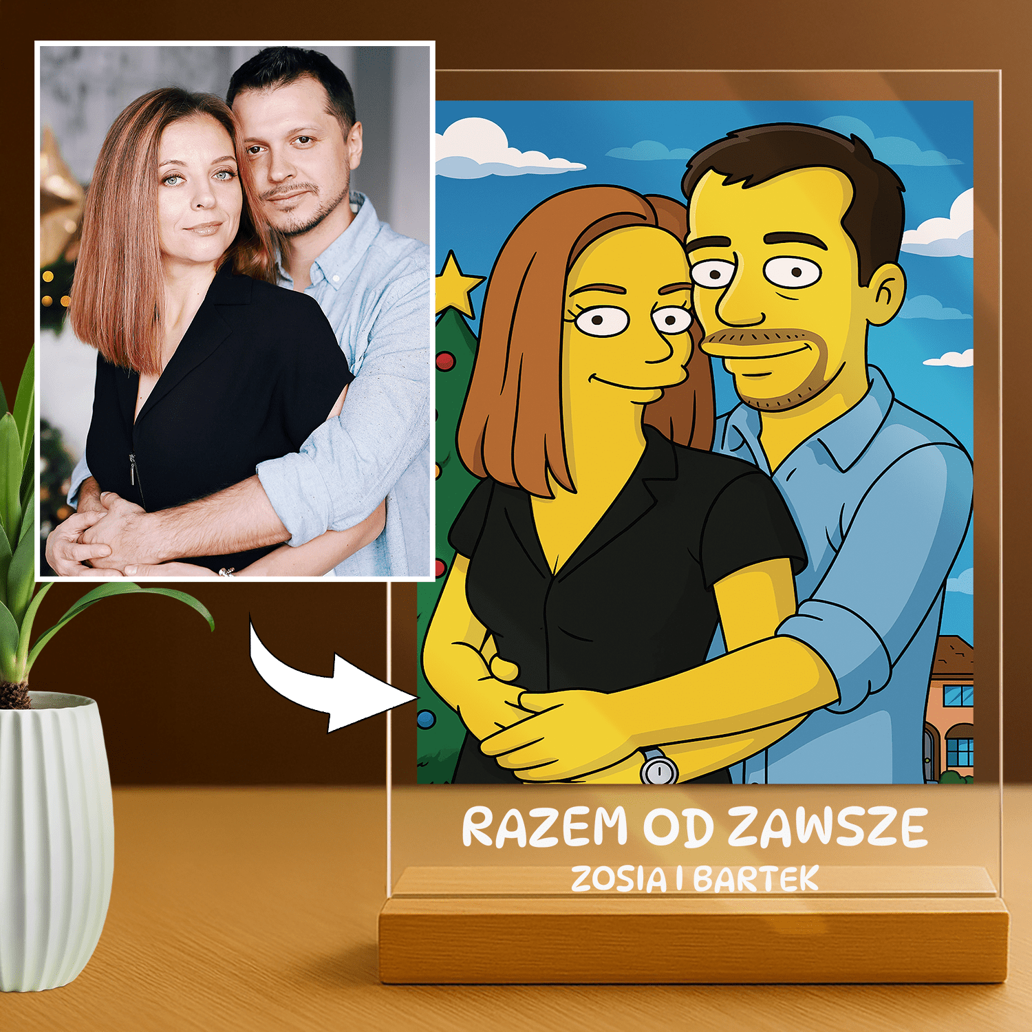 Lampka LED dla Pary – portret w stylu żółtej kreskówki na szkle akrylowym - StwórzPrezent.pl