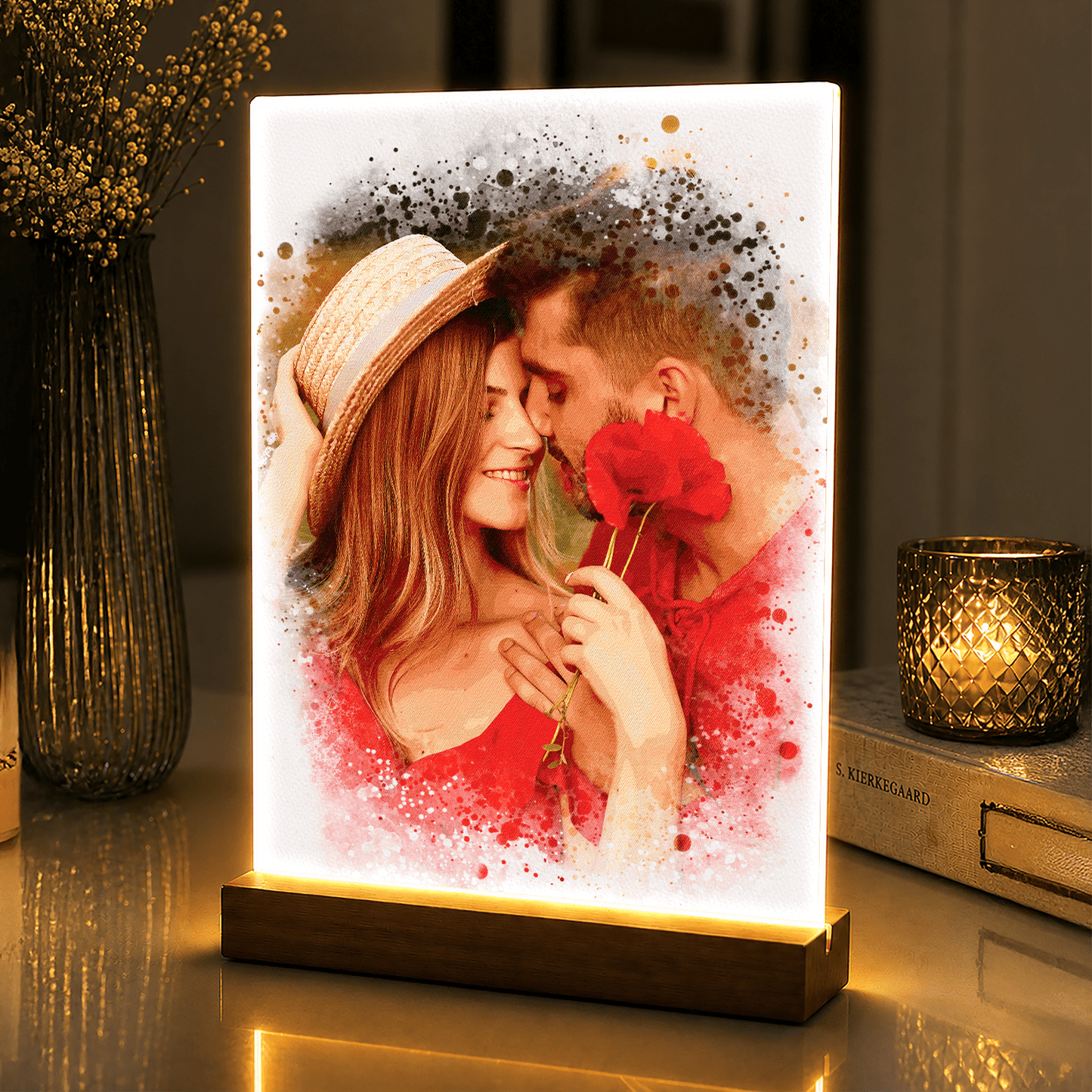Lampka LED dla Pary – romantyczny portret akwarela na szkle akrylowym - StwórzPrezent.pl