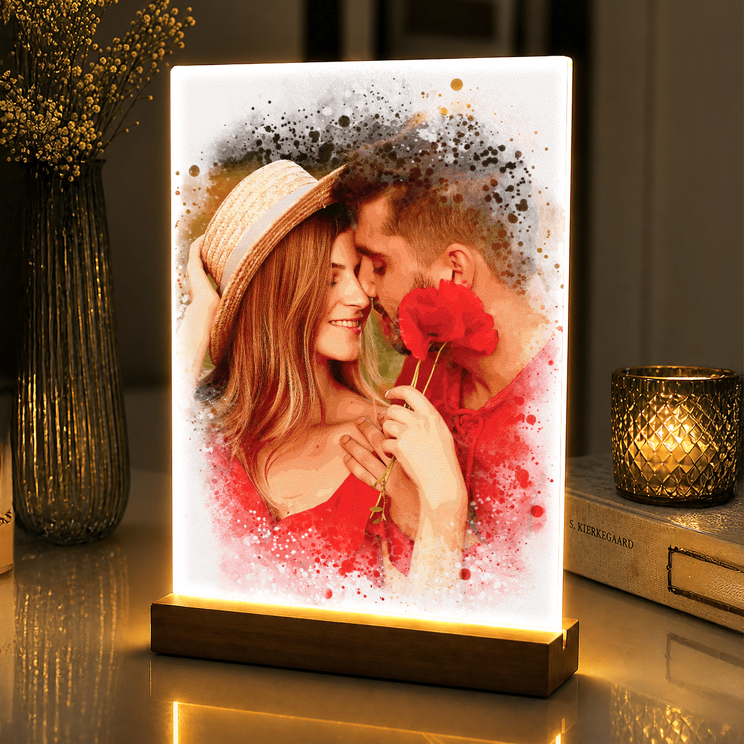 Lampka LED dla Pary – romantyczny portret akwarela na szkle akrylowym - StwórzPrezent.pl