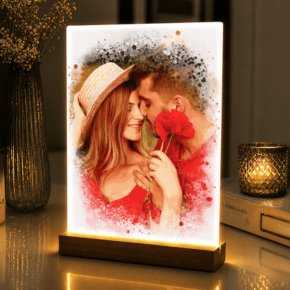 Lampka LED dla Pary – romantyczny portret akwarela na szkle akrylowym - StwórzPrezent.pl