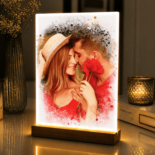 Lampka LED dla Pary – romantyczny portret akwarela na szkle akrylowym - StwórzPrezent.pl
