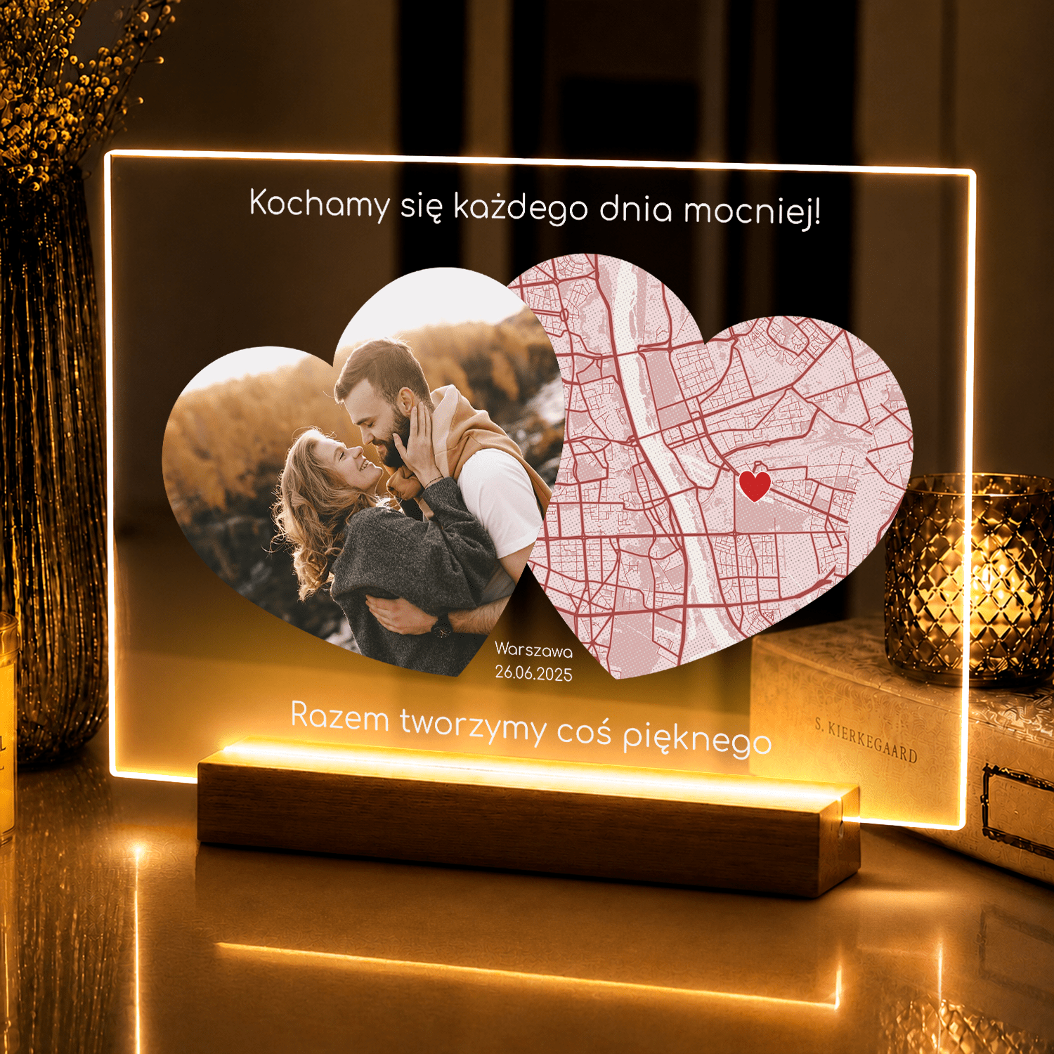 Lampka LED dla pary – zdjęcie i mapa na szkle akrylowym - StwórzPrezent.pl