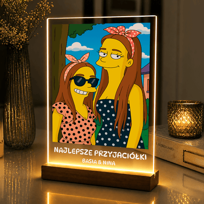 Lampka LED dla Przyjaciółki – kreskówkowy portret na szkle akrylowym - StwórzPrezent.pl