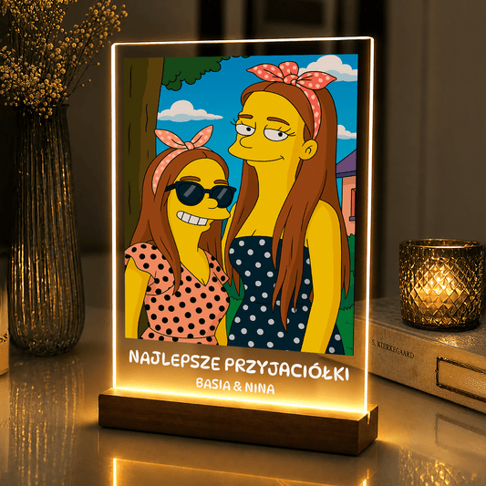 Lampka LED dla Przyjaciółki – kreskówkowy portret na szkle akrylowym - StwórzPrezent.pl