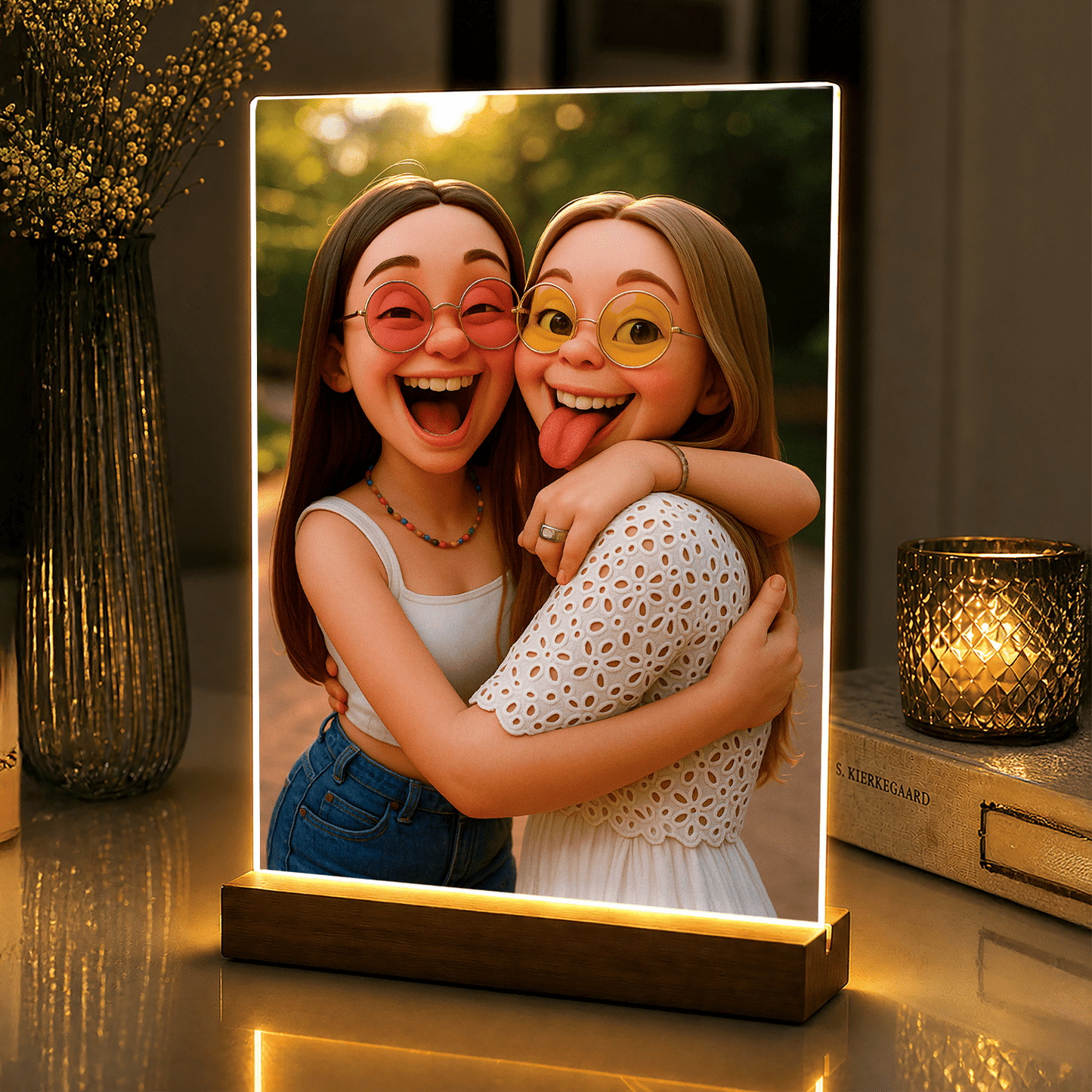 Lampka LED dla Przyjaciółki – portret jak z filmu animowanego na szkle akrylowym - StwórzPrezent.pl
