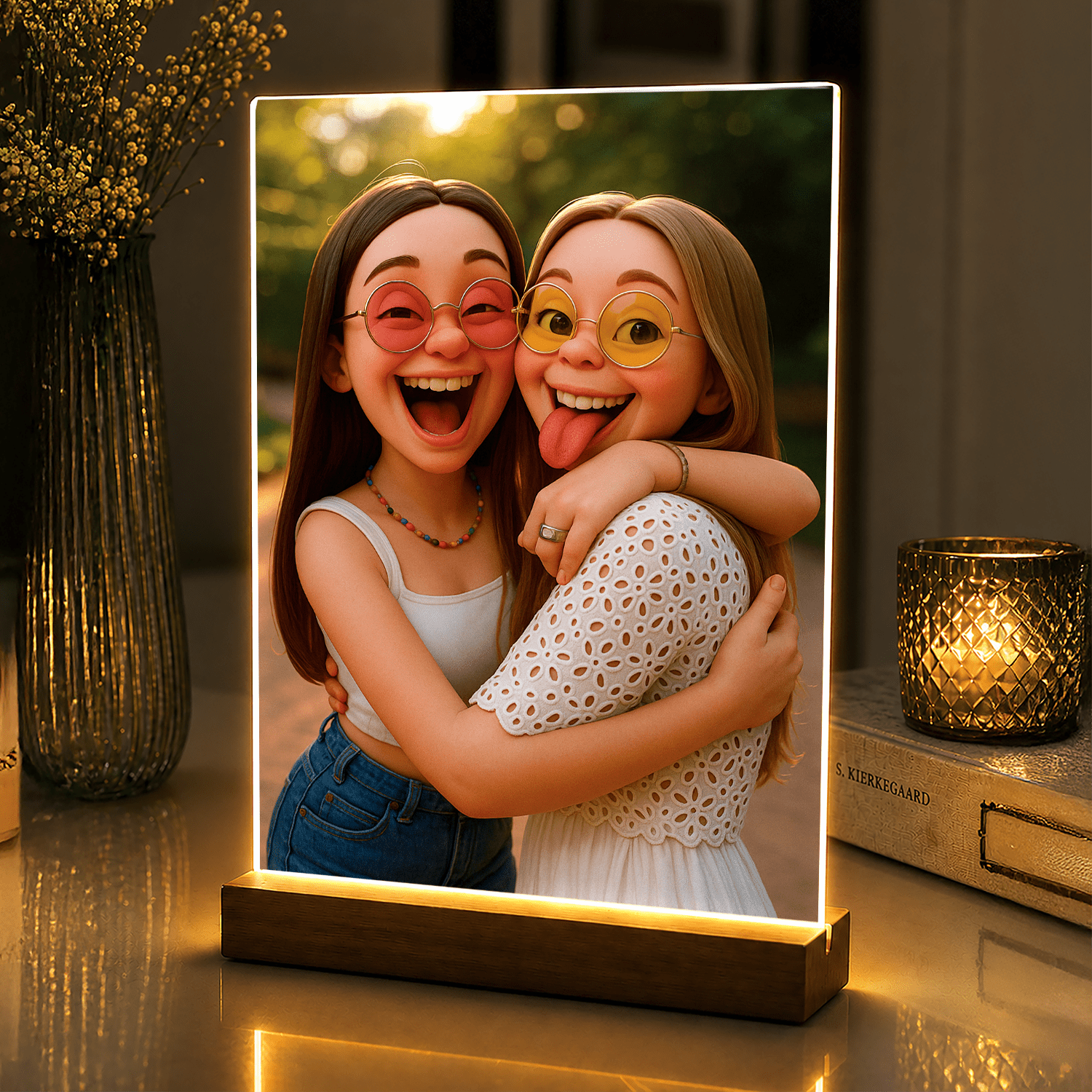 Lampka LED dla Przyjaciółki – portret jak z filmu animowanego na szkle akrylowym - StwórzPrezent.pl