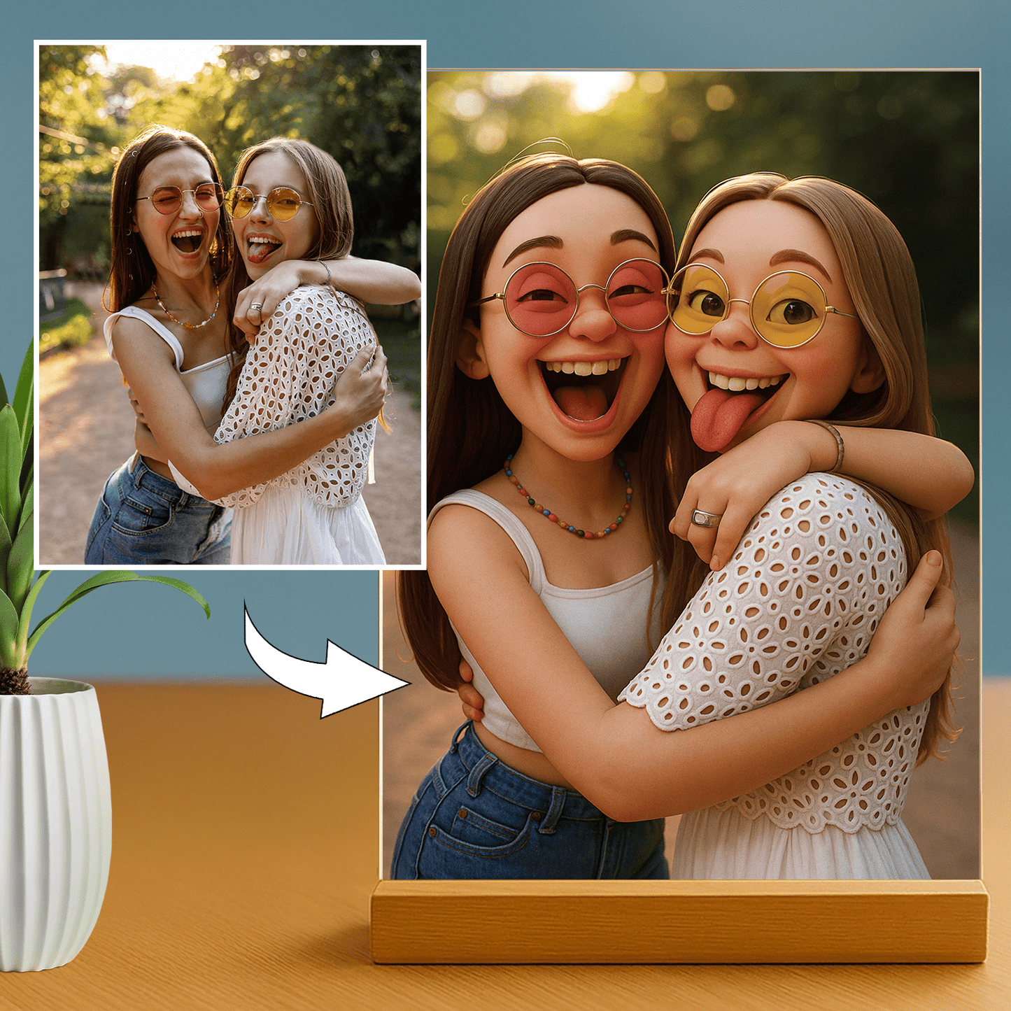 Lampka LED dla Przyjaciółki – portret jak z filmu animowanego na szkle akrylowym - StwórzPrezent.pl