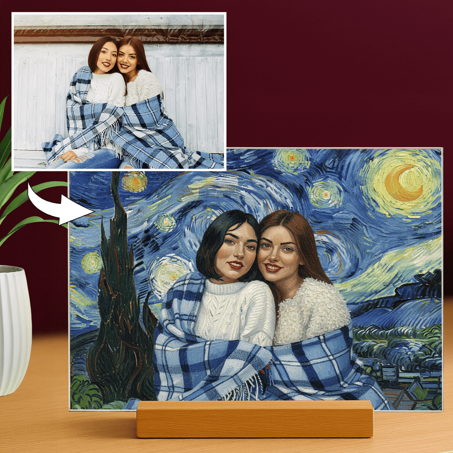 Lampka LED dla Przyjaciółki – portret na szkle akrylowym w stylu Van Gogha - StwórzPrezent.pl