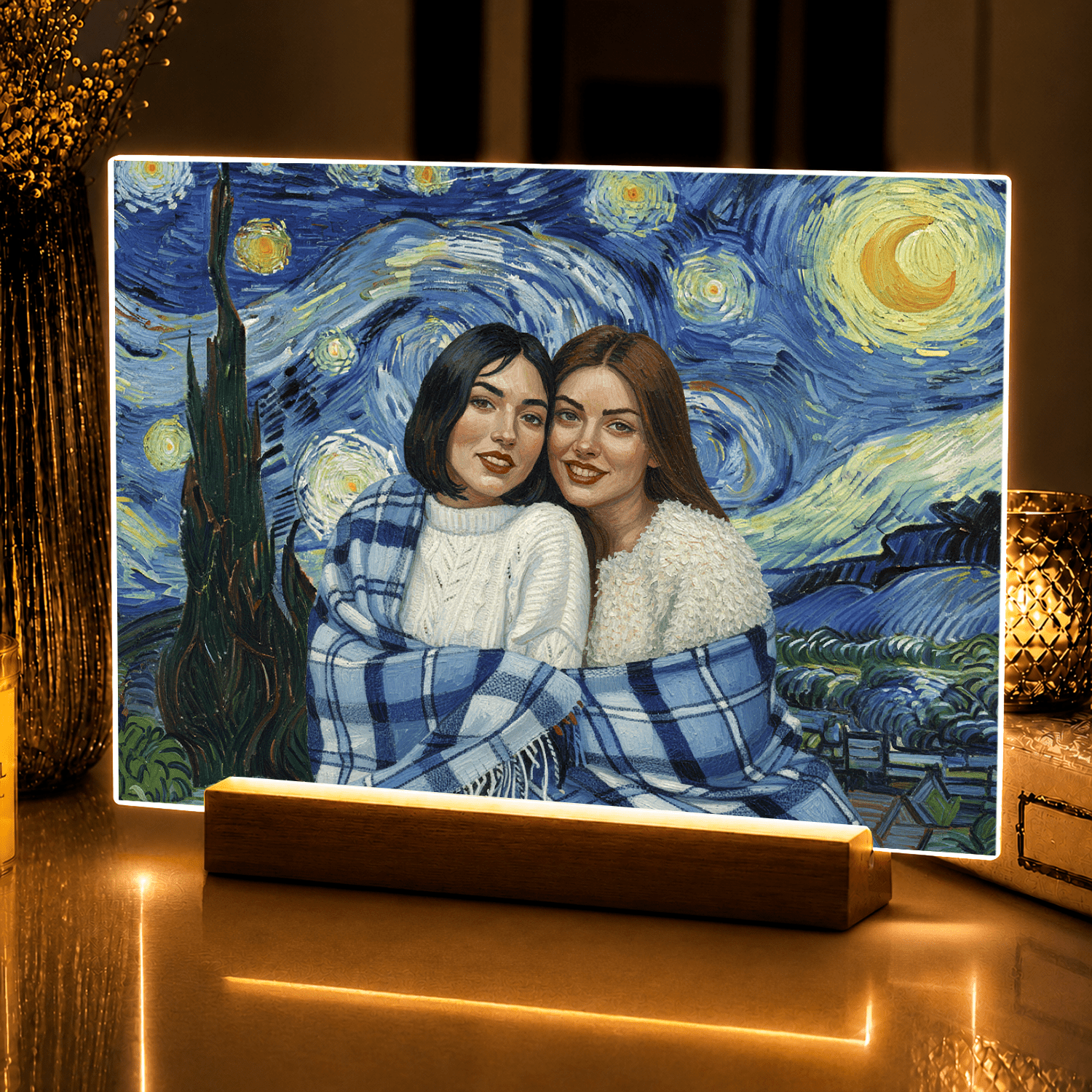 Lampka LED dla Przyjaciółki – portret na szkle akrylowym w stylu Van Gogha - StwórzPrezent.pl