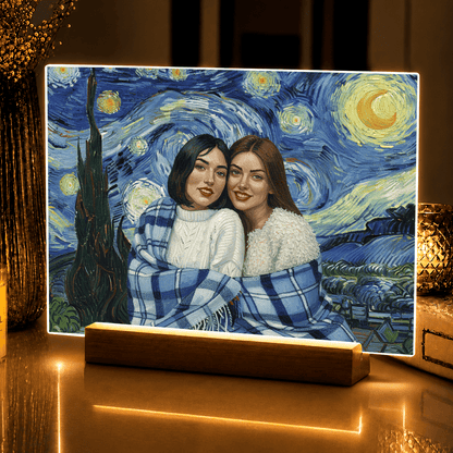 Lampka LED dla Przyjaciółki – portret na szkle akrylowym w stylu Van Gogha - StwórzPrezent.pl