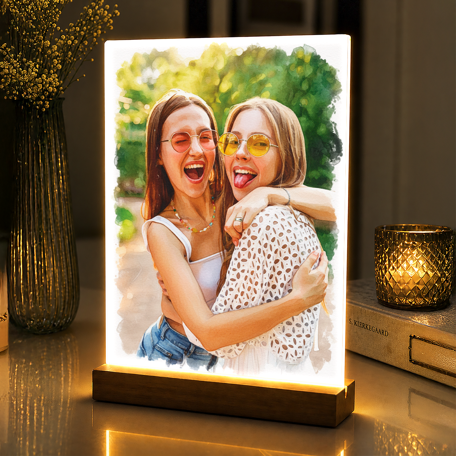Lampka LED dla Przyjaciółki – portret w akwareli na szkle akrylowym - StwórzPrezent.pl
