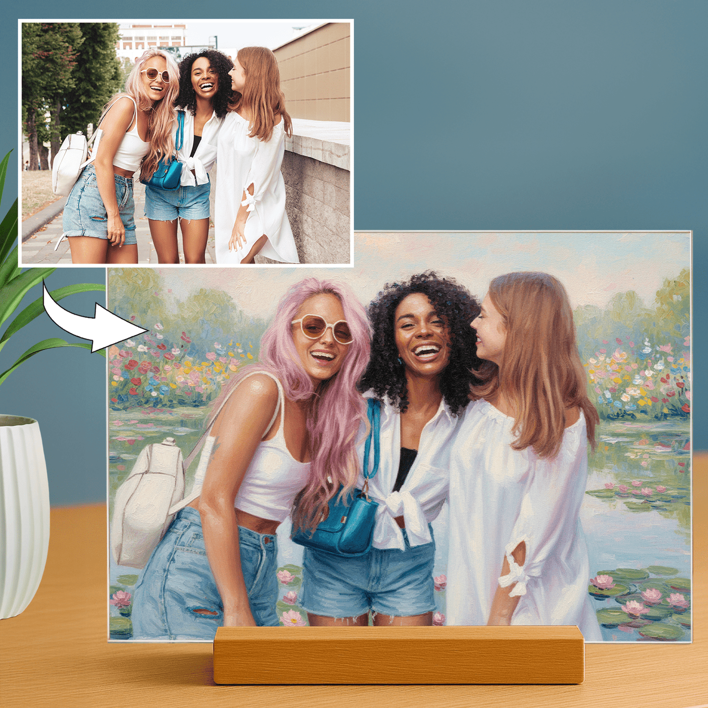 Lampka LED dla Przyjaciółki – portret w stylu Monet na szkle akrylowym - StwórzPrezent.pl