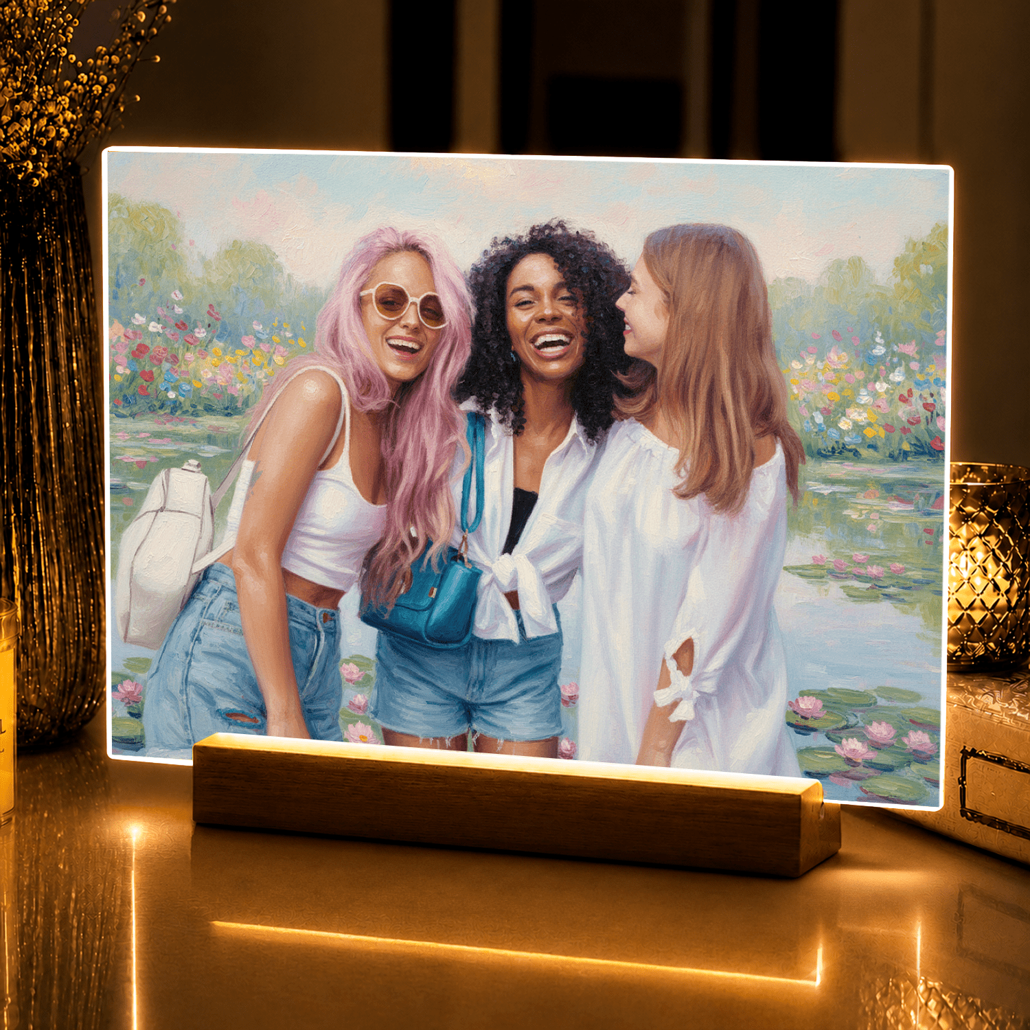 Lampka LED dla Przyjaciółki – portret w stylu Monet na szkle akrylowym - StwórzPrezent.pl