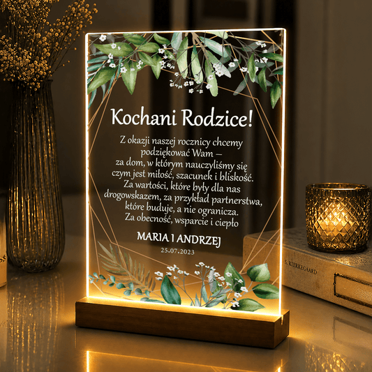 Lampka LED dla Rodziców – podziękowanie na szkle akrylowym z podświetleniem - StwórzPrezent.pl