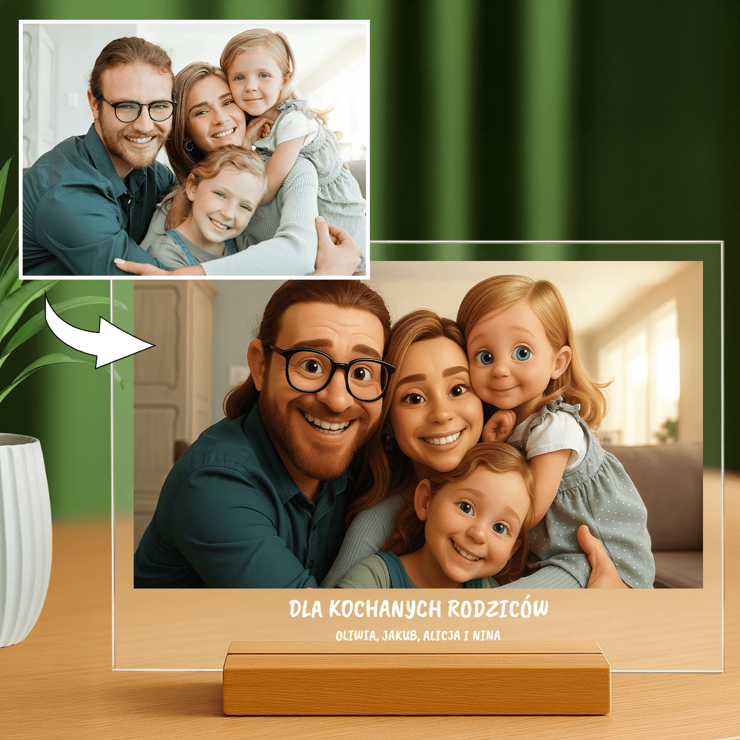 Lampka LED dla Rodziców – portret rodziny na szkle akrylowym w stylu animacji 3D - StwórzPrezent.pl