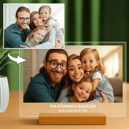 Lampka LED dla Rodziców – portret rodziny na szkle akrylowym w stylu animacji 3D - StwórzPrezent.pl