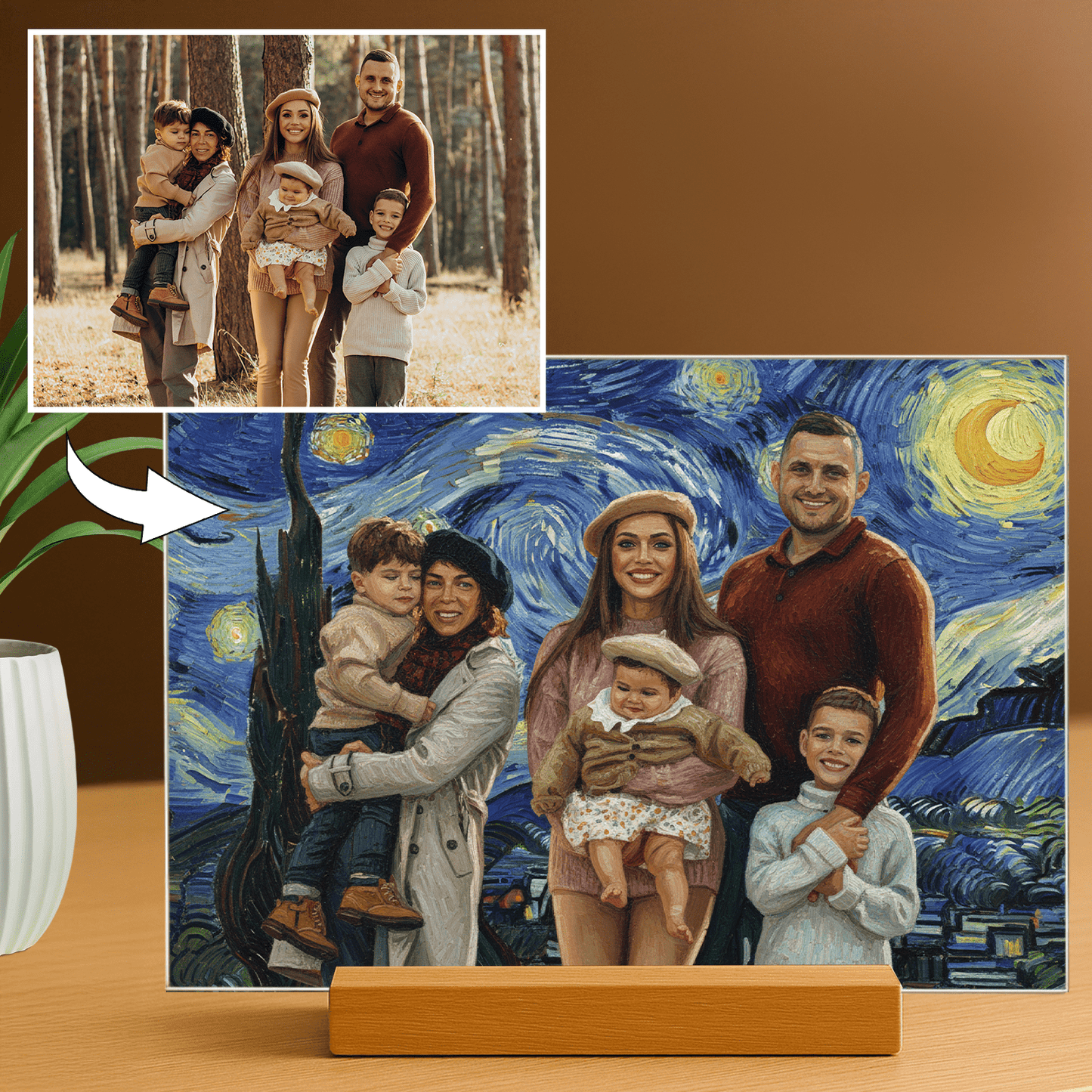Lampka LED dla Rodziców – portret rodziny na szkle akrylowym w stylu Van Gogha - StwórzPrezent.pl