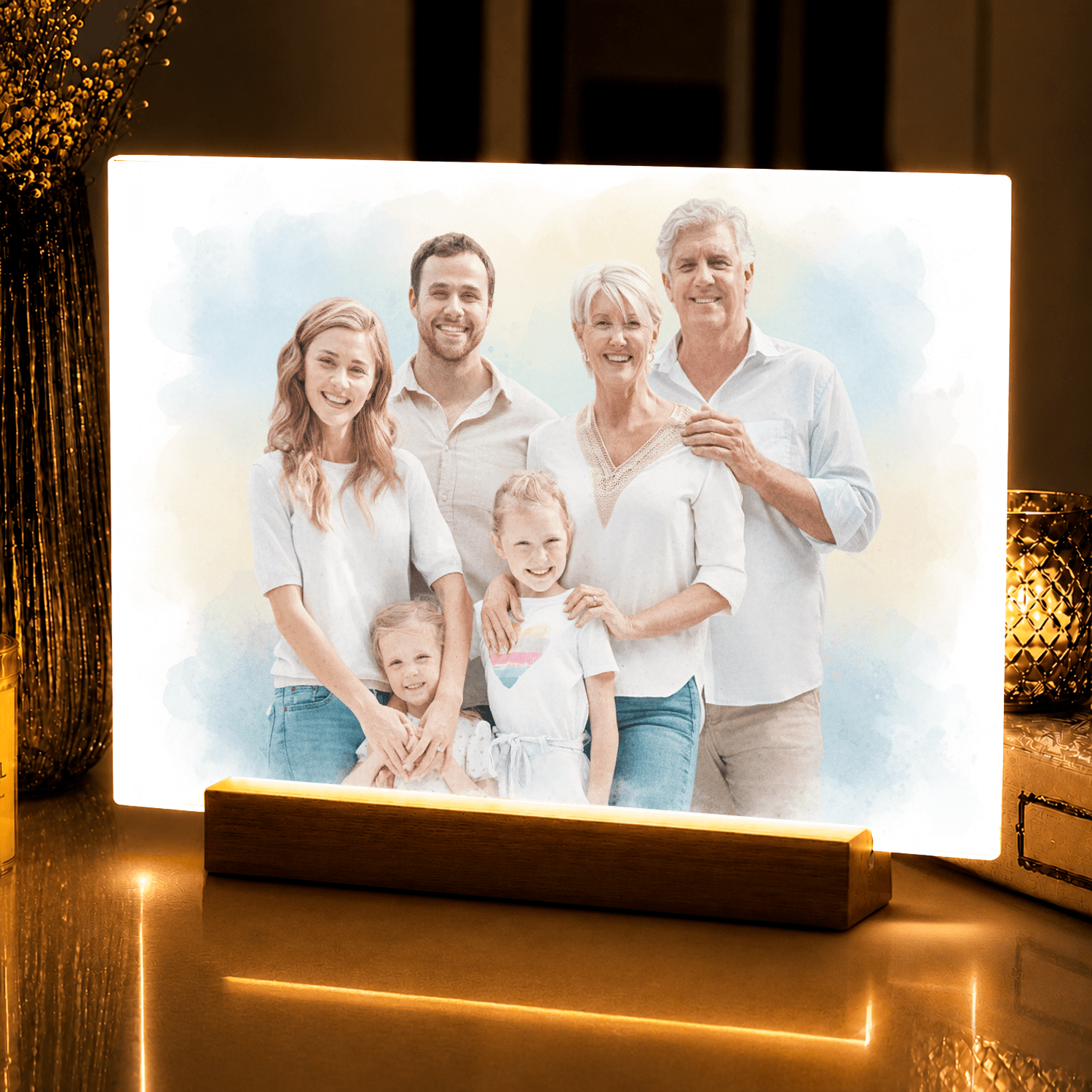 Lampka LED dla Rodziców – rodzinny portret akwarelowy na szkle akrylowym - StwórzPrezent.pl